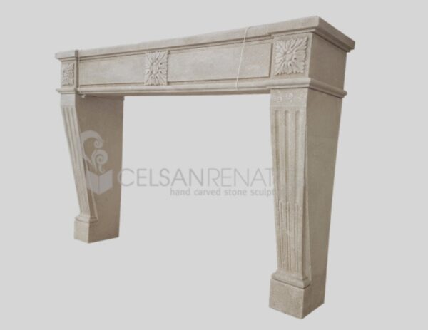 "Trois Fleurs" fireplace in Vicenza Stone, Antique Finish