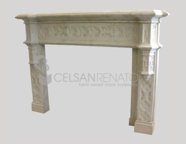 Fireplace with Gothic Decorations in Lecce Stone, Natural Finish