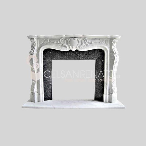 Louis XIV Style fireplace in Calacatta Gold and Marquinia Black, Polished Finish