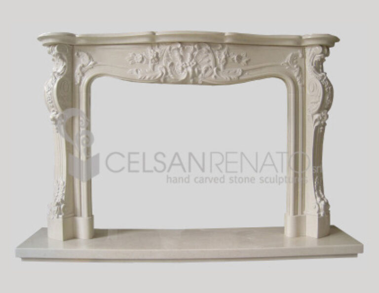 Rocaille-style fireplace in Crema Marfil, Polished Finish