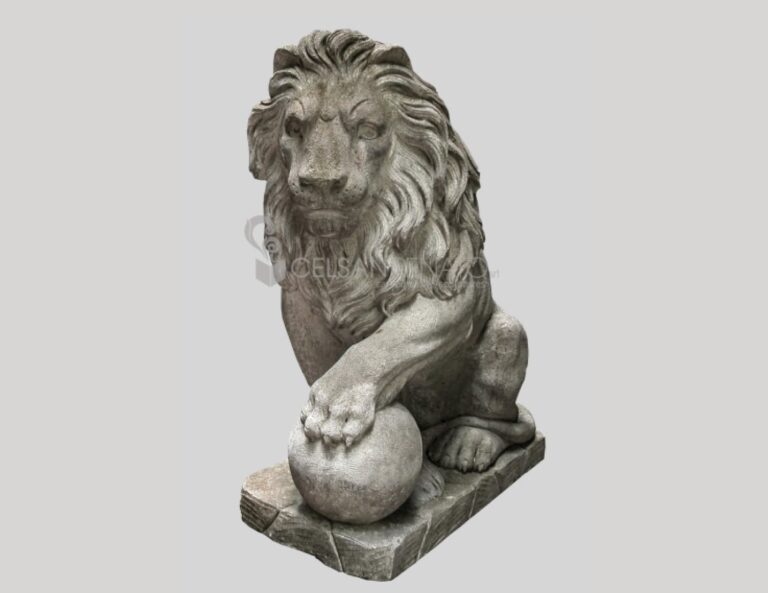 Sitting Lion with Sphere in Vicenza Stone - Majestic Sculpture